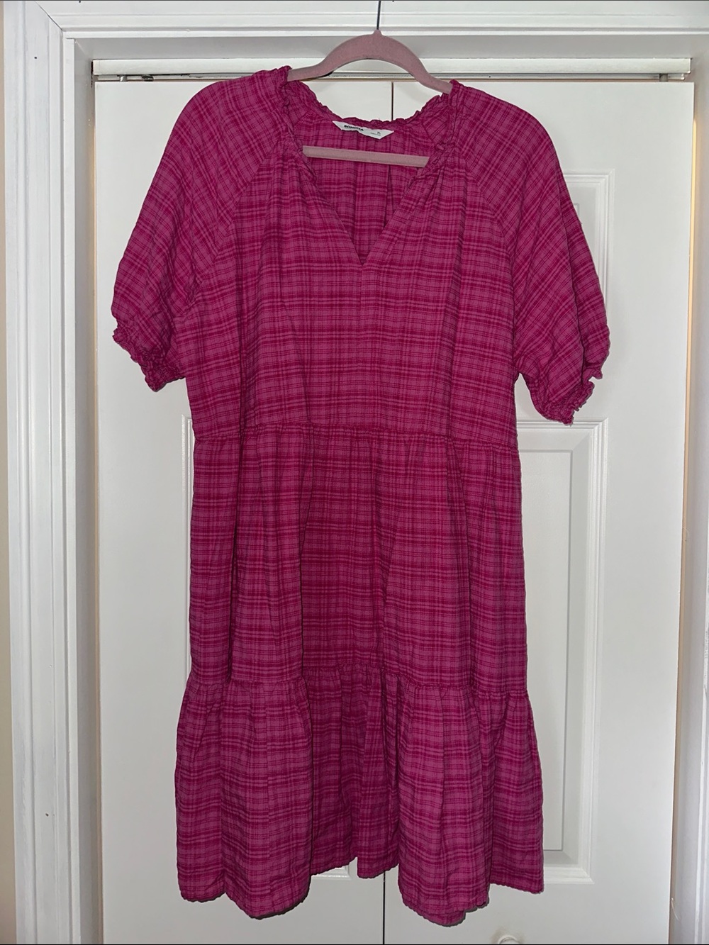 Sonoma Fuchsia Plaid Tiered Short Sleeve Dress